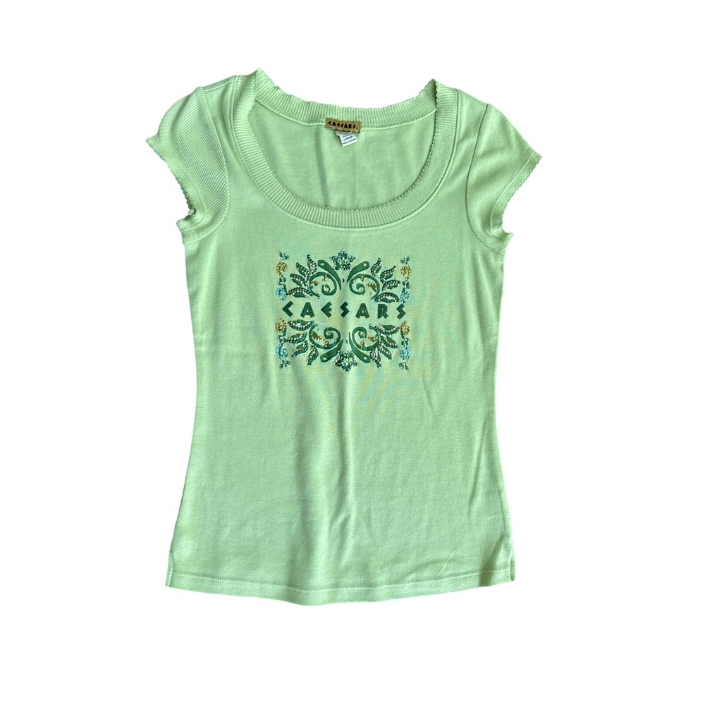 Caesars Palace Y2K Graphic Tee Lime Green Sequin Cap Sleeve Baby Tee Large